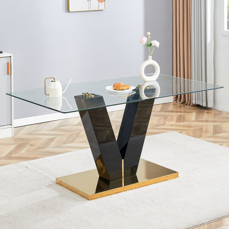 Large Modern Minimalist Rectangular Glass Dining Table For 6 - 8 People, Featuring 0.4" Tempered Glass Top, MDF Slab, V - Shaped Bracket, Base, Ideal For Kitchen, Dining, Living, Meeting, Banquet Spaces, Merging Style And Functionality