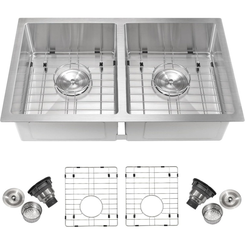 Double Bowl Undermount Kitchen Sink, Stainless Steel with Brushed Finish, 36 × 19 × 10 in., 2.0mm Rim & 1.0mm Bowl Thickness, Modern Kitchen