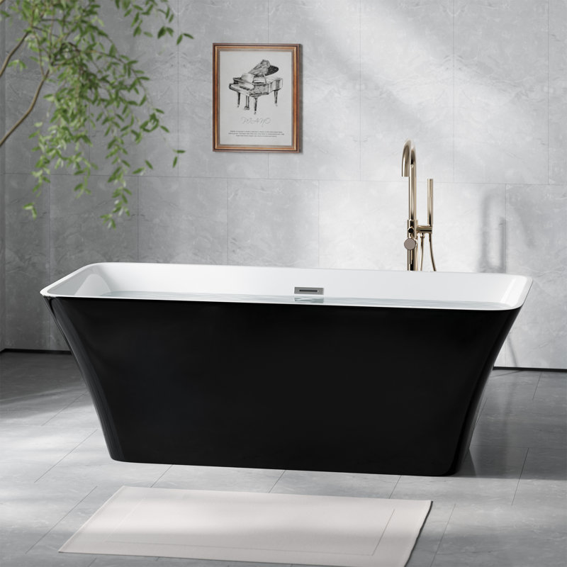 Acrylic Freestanding Bathtub – Contemporary Oval Soaking Tub with Chrome Pop-Up Drain & Overflow – Ergonomic, Black & Gloss White – Perfect for Family or Guest Bathroom – Color: System default_4, Size: as show