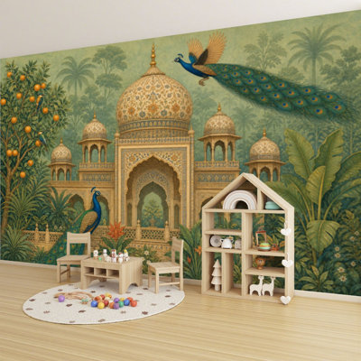 Peel and Stick Wallpaper 69" L x 96" W Modern Self Adhesive Wall Mural for Bedroom - With Garden Arch Peacock Plant Botanical Landscape Print