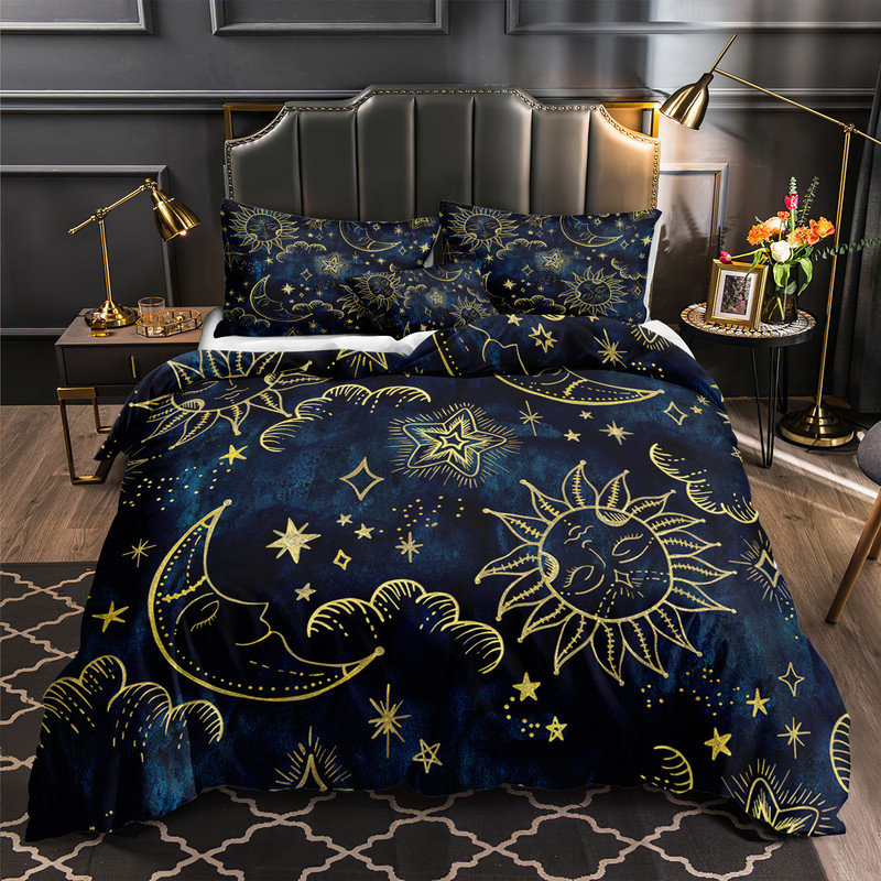 Ensemble d'édredon soleil et lune, Abstrait bleu, Édredon très grand + 3 taies d'oreiller
