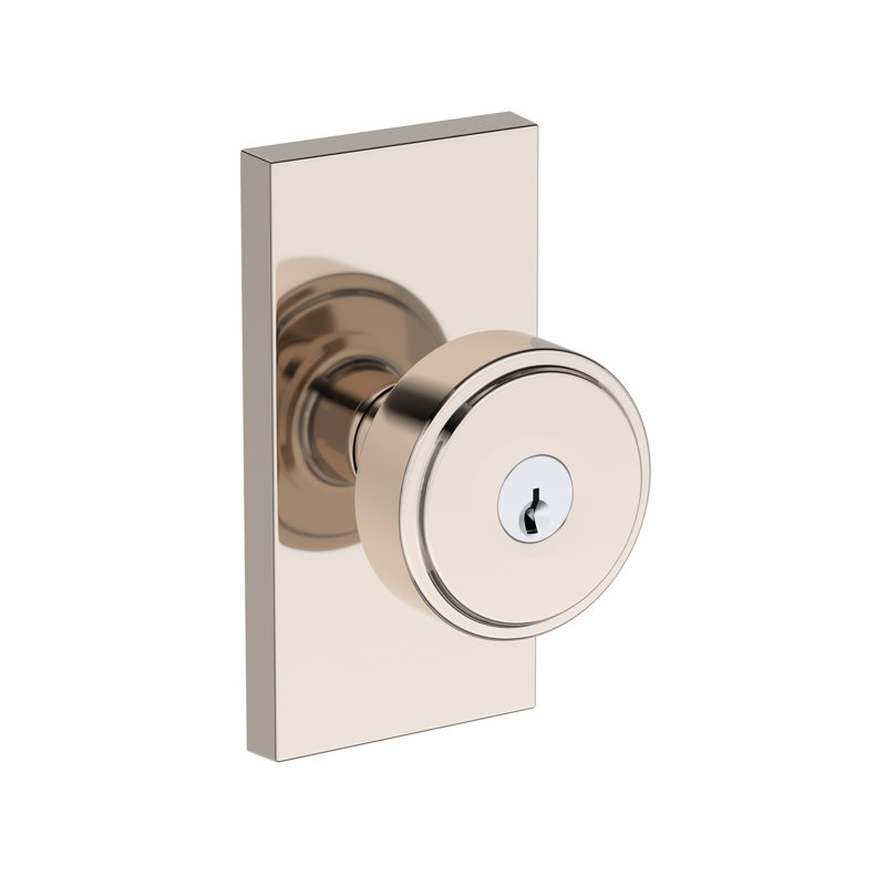 Vashon Keyed Entry Knob with Contemporary 5in Rose in Lifetime (PVD) Satin Brass, Polished Nickel