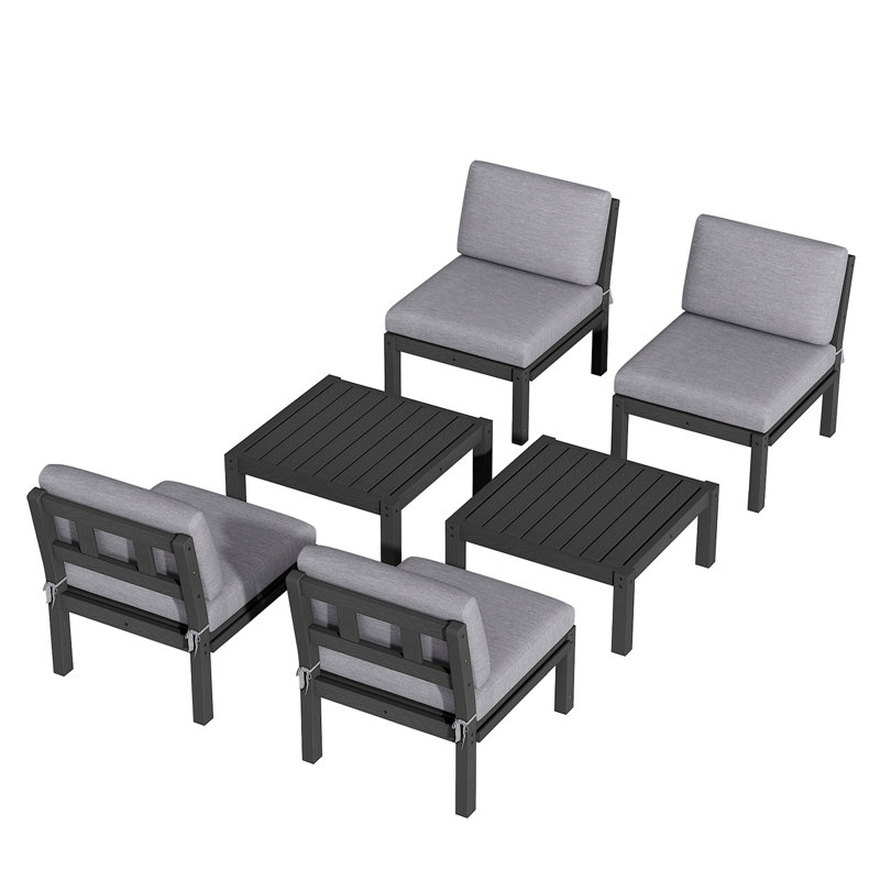 Ensemble de conversation modulaire de patio pour 4 personnes avec coussins, ensemble de conversation de 6 pièces imperméable toutes saisons pour l'extérieur, noir