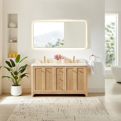Milner 60" Double Bathroom Vanity in Brushed Oak with Grain White Engineered Stone Countertop without Mirror