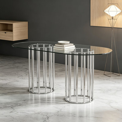 Table de salle à manger de 71 pouces en verre trempé ovale, double colonne de style luxueux, verre trempé résistant aux égratignures et facile à nettoyer. Convient pour une salle à manger de 6 à 8 personnes, table de restaurant moderne de luxe légère.
