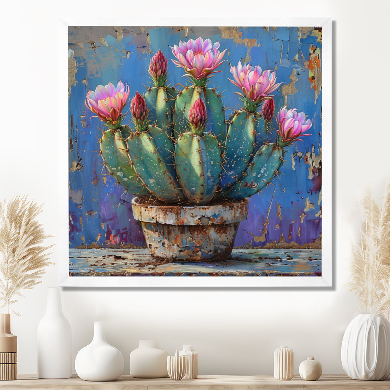 Cactus rose en poterie du désert - impression d'art mural cactus floral, H 16 po x l 16 po x P 1 po