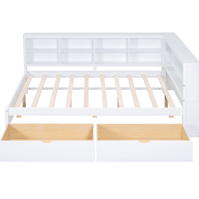 Lit de jour en bois avec 2 tiroirs et rangement - Conception pratique de la chambre à coucher, Lit double, Blanc