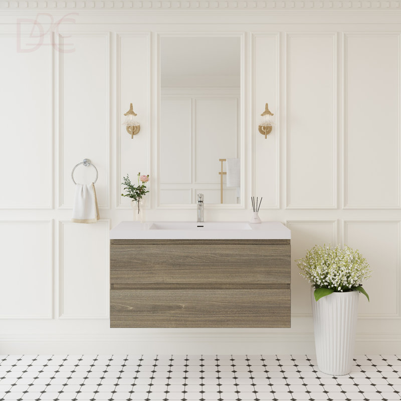 Meuble-lavabo flottant 42 po avec lavabo, meuble-lavabo mural moderne avec lavabo à surface solide et tiroirs à fermeture en douceur entièrement assemblés
