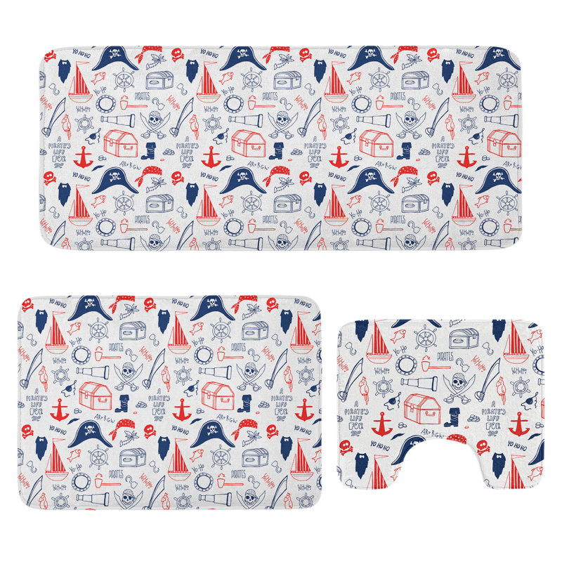  Pirates Bathroom Rug Set 3 Pieces U-Shape & Rectangle Mats Scarlet Navy Blue White