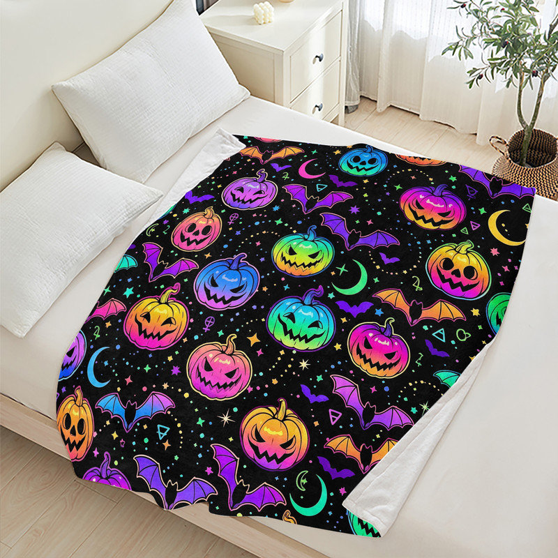 Couverture simple en flanelle JYK Halloween, Neon Pumpkins Bats