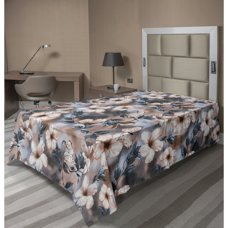 Ambesonne Vintage Flat Sheet Art Watercolor Floral Print Pale Rust Slate Blue, Twin Flat Sheet