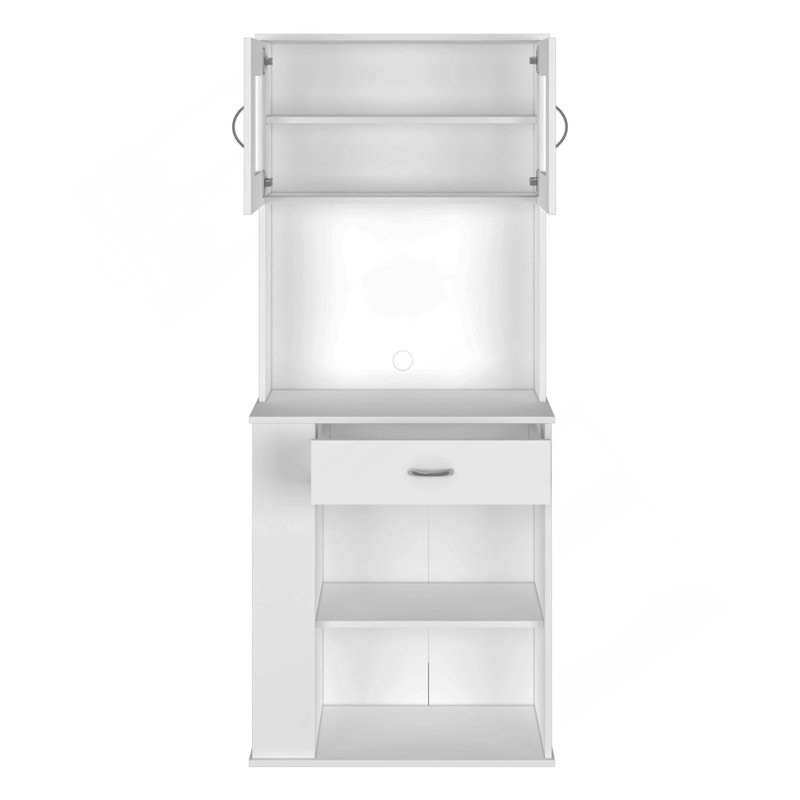 Armoire garde-manger H 67 po, deux portes, un tiroir, deux tablettes de rangement ouvertes, deux tablettes internes, trois tablettes de rangement latérales ouvertes, blanc