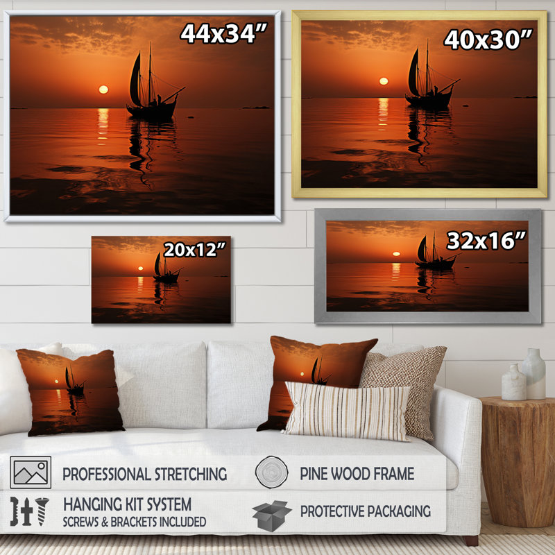 Voilier au coucher du soleil, reproduction d'art sur toile, H 34 po x l 44 po x P 1,5 po, Cadre naturel flottant
