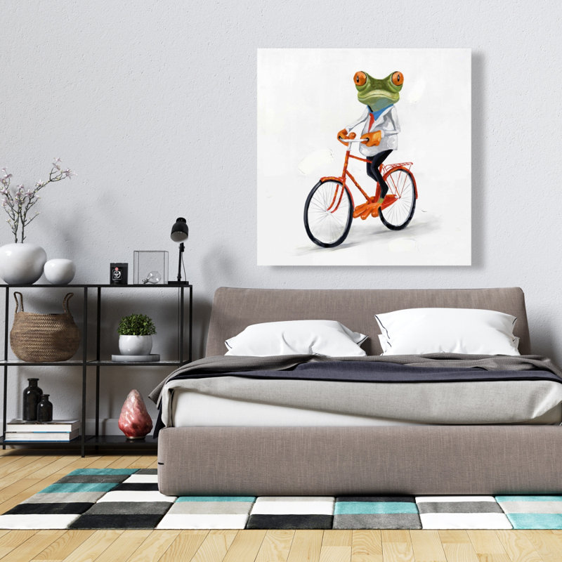 Drôle de grenouille chevauchant un vélo - Toile orange, décor aquatique