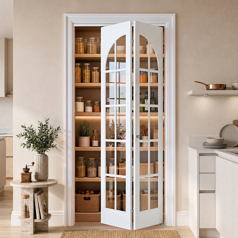 Porte pliante cintrée de 30 po x 80 po à 10 carreaux en verre trempé transparent, âme pleine et finition blanche à base d'eau, idéale pour le placard, le garde-manger et la buanderie. Quincaillerie incluse.