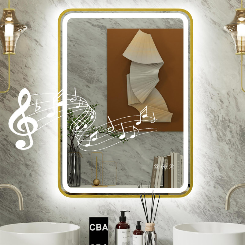 Cadre miroir de salle de bain à DEL avec deux haut-parleurs Bluetooth, avant et rétro-éclairé, antibuée, température de couleur 3 et lumière à intensité variable, étanche IP54, certifié FCC et ETL
