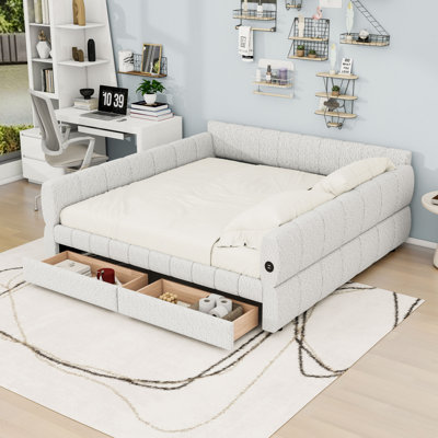 Upholstered Platform Bed Frame with USB Ports and 2 Storage Drawers