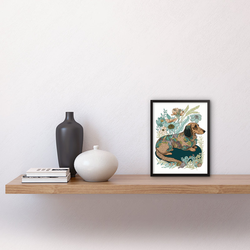Multicoloured Fur Dachshund Dog With Spring Flowers Modern Watercolour - Single Picture Frame Print