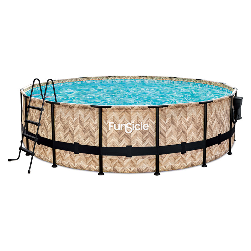 Funsicle 16' x 48" Oasis Designer Round Frame Outdoor Swim Pool, Oak Herringbone