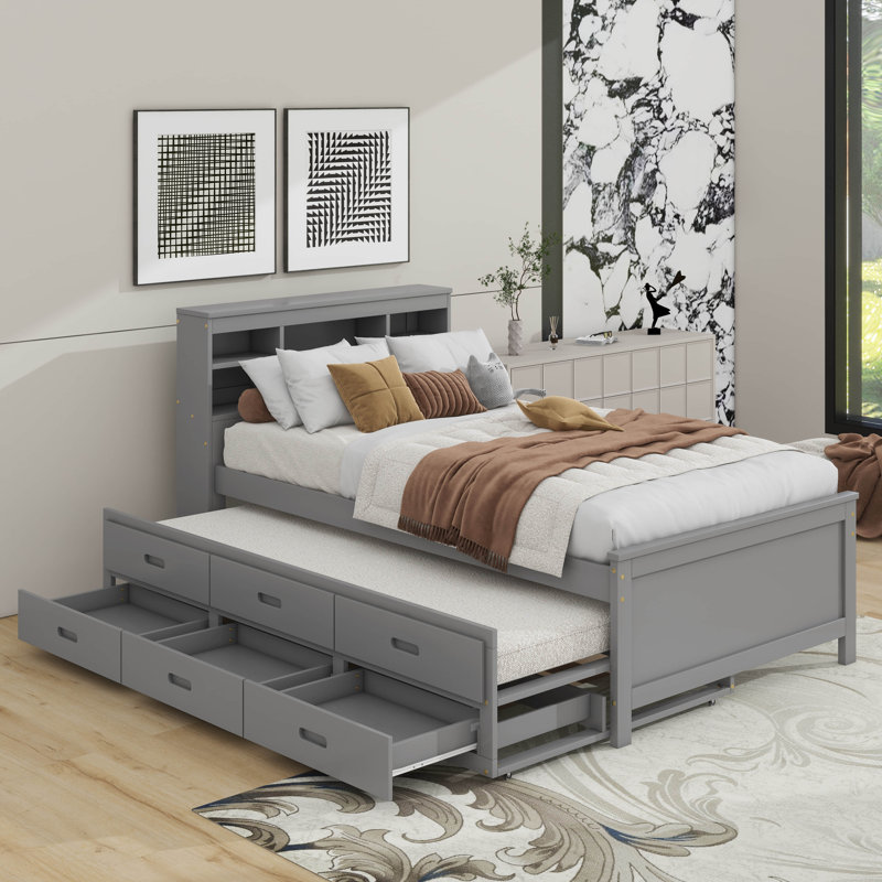 Lit plateforme avec tête de lit, USB, lit simple et tiroirs, Gris, Lit simple