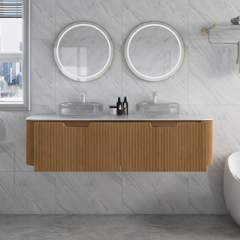 Meuble-lavabo de 60 po avec lavabos, armoire de rangement murale rayée à bords arrondis avec 2 tiroirs, 2 lavabos ronds transparents et comptoir