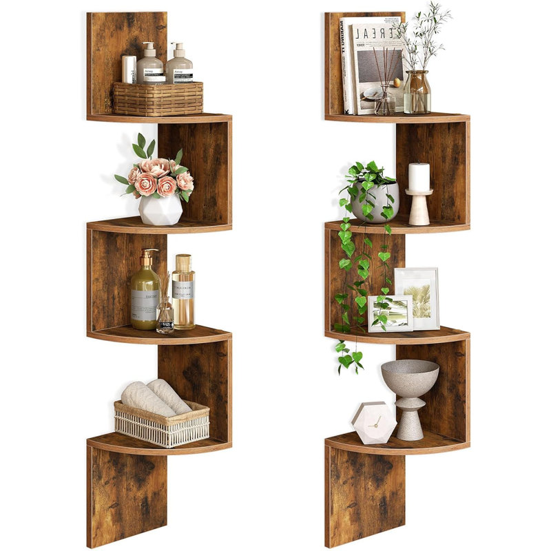 Set of 2 Floating Corner Shelves for Wall, 4-Tier Corner Bookshelves for Living Room