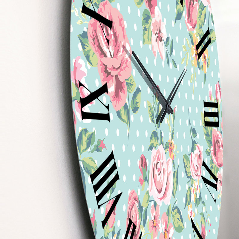 Horloge murale rétro à motif de roses roses sur fond bleu clair, Petit