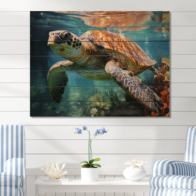 Tortue verte et bleue, rencontre avec des animaux marins sur bois