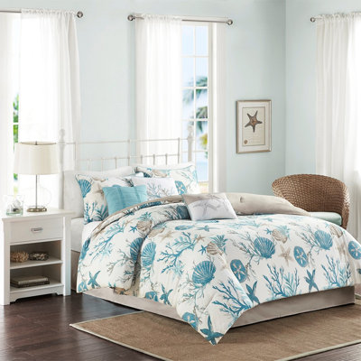 Édredon 7 pièces - Grand avec mélange de coton doux et coquillages imprimés, corail étoile de mer foncé