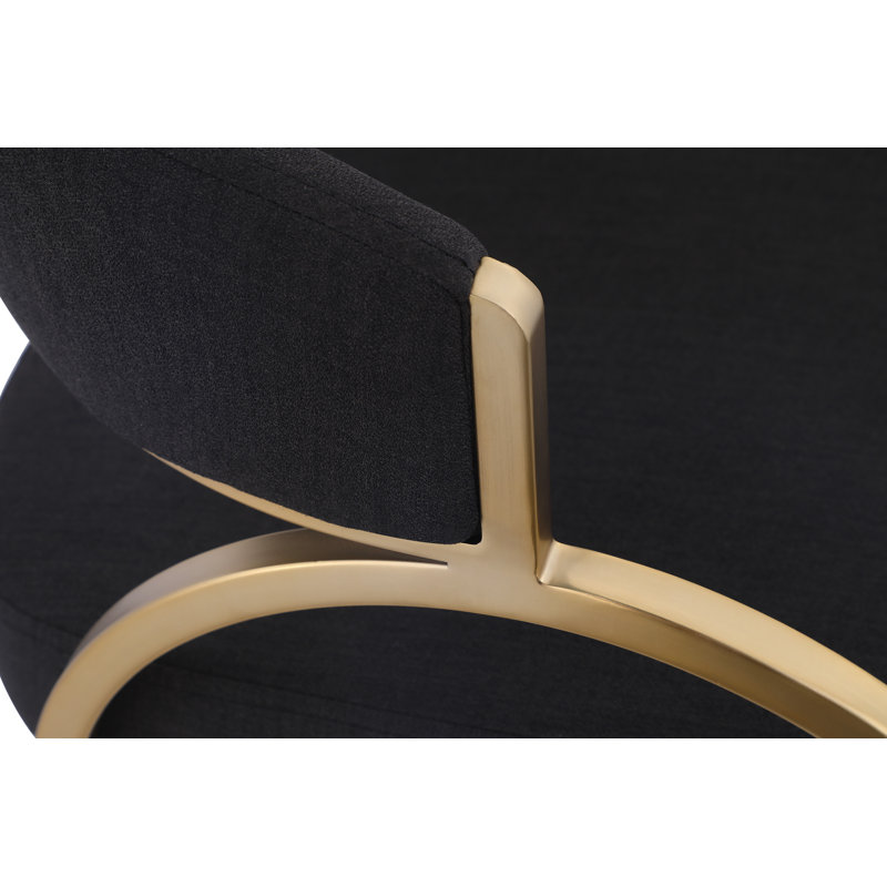 17.72'' H Upholstered Metal Armchair, Black Linen Textured Fabric, Brushed Brass