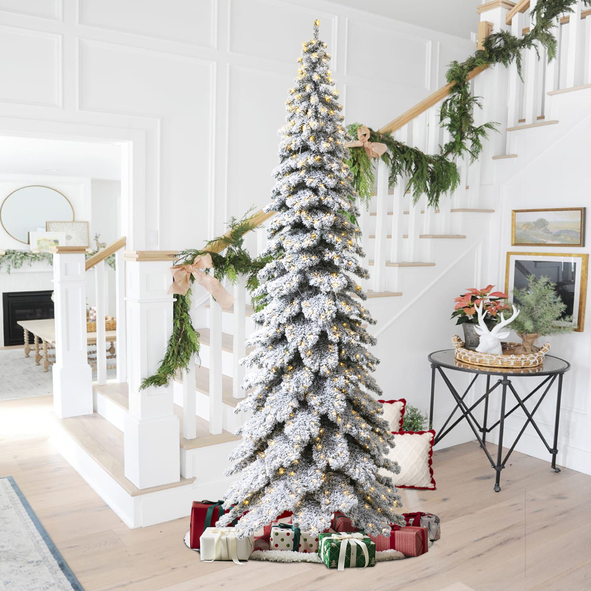 12' Pre-Lit Flocked Layered Slim Spruce Artificial Christmas Tree with 900 Lights