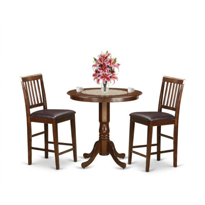 Ensemble de salle à manger 3 pièces en bois dur asiatique, hauteur de comptoir, avec sièges en cuir PU et assises rondes en lin brun riche et blanc.