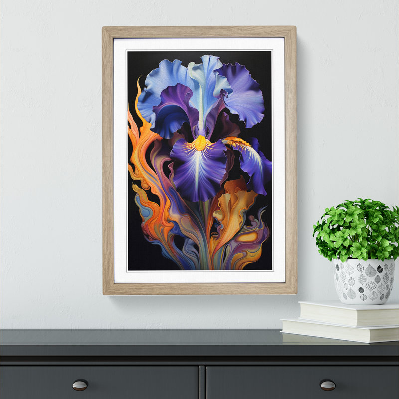Iris Flower Art Deco - Framed Print, Oak Framed, 46cm H x 34cm W x 2cm D