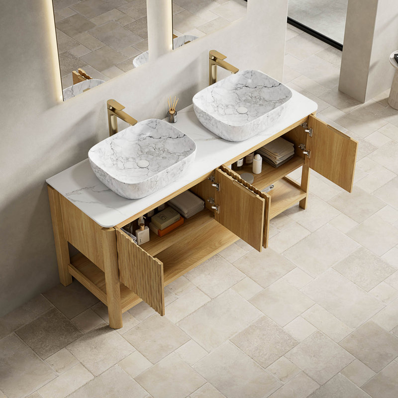 60" Bathroom Vanity & Sinks, Freestanding Plywood Storage Cabinet with 4 Bamboo Texture Doors&Open Shelf, 2 Marble Pattern Ceramic Basins&Carrara White Sintered Stone Top