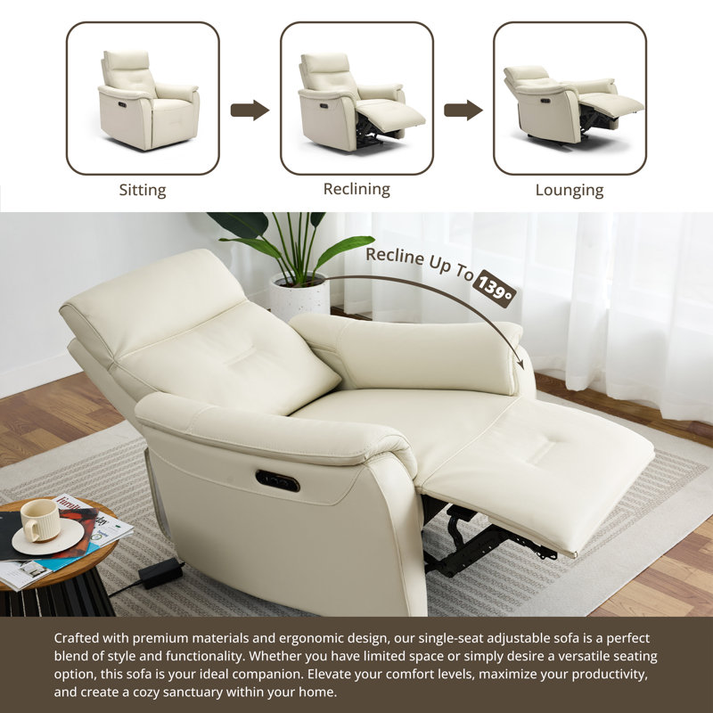 Jeramyah 30.25" Wide Modern Genuine Leather Power Recliner with USB Port, Small Reclining Chair, Cream