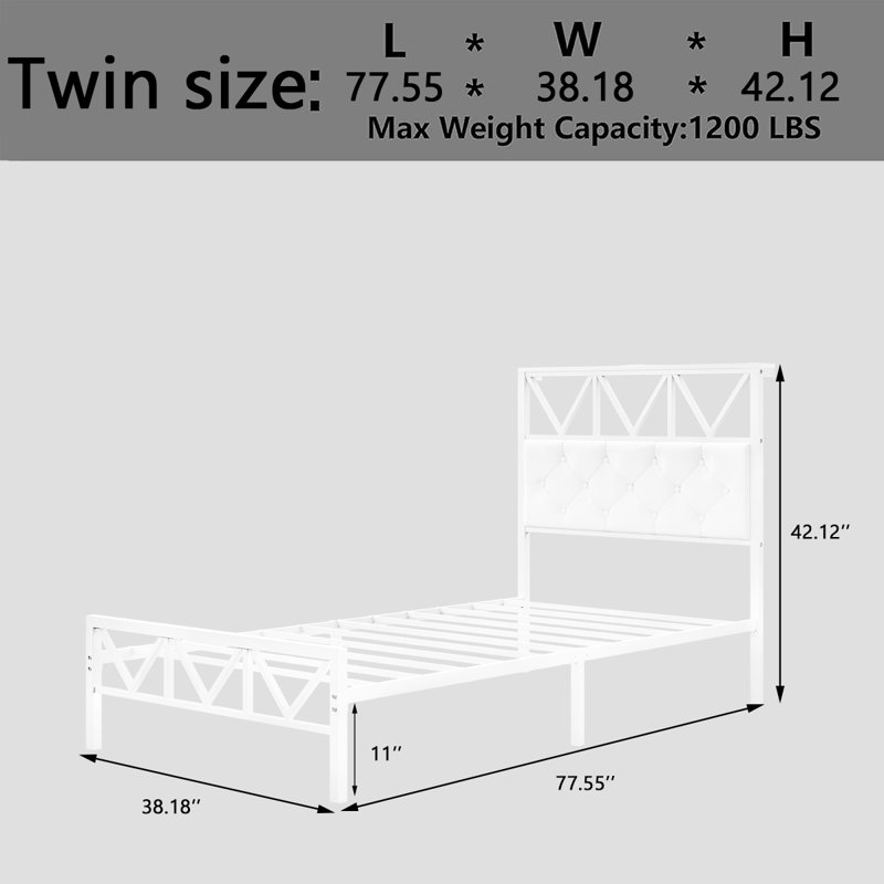 Structure de lit simple avec lumière DEL et station de charge, tête de lit tapissier blanche avec tablette, rangement sous le lit, aucun sommier requis, silencieux, assemblage facile, blanc