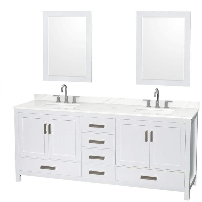 Sheffield 80" Freestanding Double Bathroom Vanity with Quartz Top with 24" Mirrors, Giotto Quartz, White