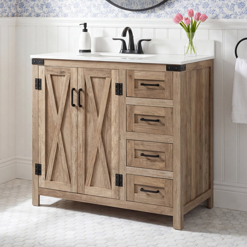 Slayton 36'' Single Bathroom Vanity with Engineered Marble Top, Natural Oak