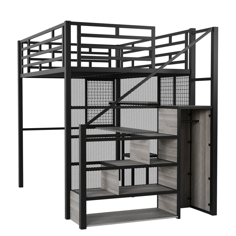 Lit mezzanine multifonctionnel en métal avec garde-robe, bureau et tablettes de rangement intégrés pour une utilisation optimale de l'espace et un confort optimal