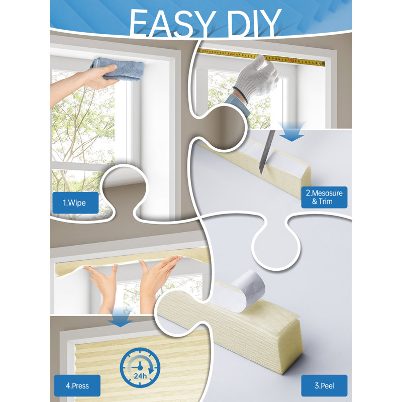 Beige Blinds With Embossed Design Temporary Pleated Window Shades No Drill Stick On Windows Coverings, 24" W x 71" L