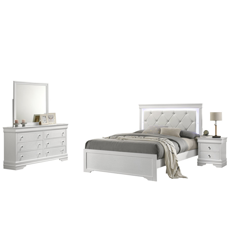 Mylhana Upholstered Standard Bedroom Set, White, 4 Pcs: Bed, Dresser, Nightstand, Mirror, Queen
