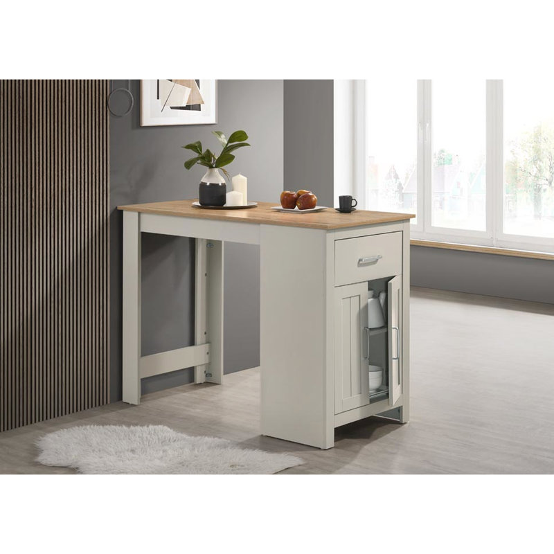 Table de salle à manger grise de 119 cm (47 po) et 2 tabourets confortables, fini chêne, placards, 1 tiroir, design gain de place avec table et placard, pour la maison