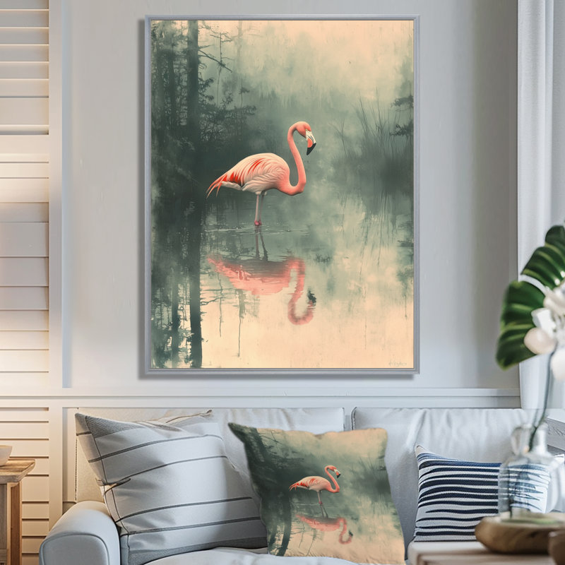 Codan Flamingo In The Marsh II - Flamingo, reproduction sur toile, H 32 po x l 16 po, Impression encadrée flottante