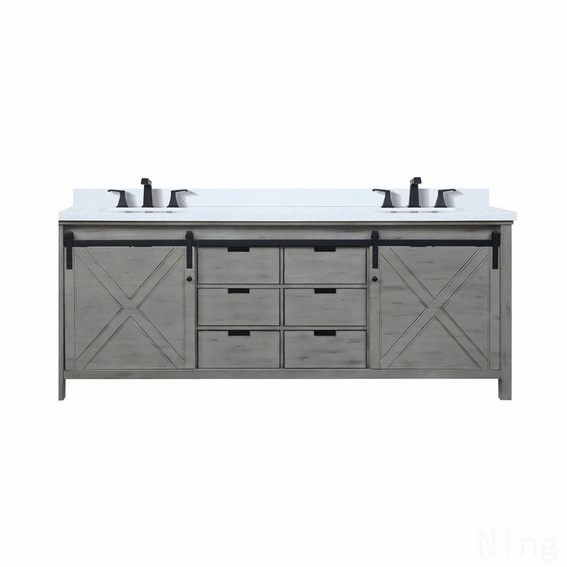 Ensemble de meuble-lavabo double 84 po x P 22 po avec comptoir en marbre de culture et robinet, Gris, 85"