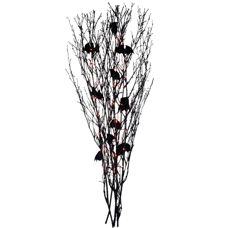 Branche d'Halloween scintillante noire 4 pi avec chauves-souris - lumières DEL orange