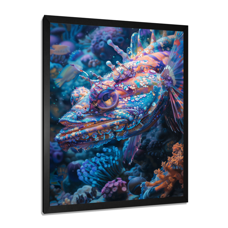 Blue Glowing Abyss Sea Creatures - Sea Creatures Wall Decor, 44" H x 34" W x 1.5" D, Black Single Picture Framed