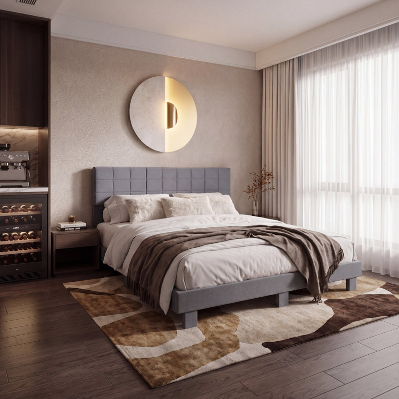King Size Platform Bed Frame, Light Gray Upholstered Tufted Headboard With Solid Wood Slats