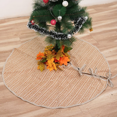 Fabdivine Rustic 24-Diameter Handmade Tree Skirt Natural Linen with Intricate Hand Block Printed Design for Elegant Christmas Decoration- Doji