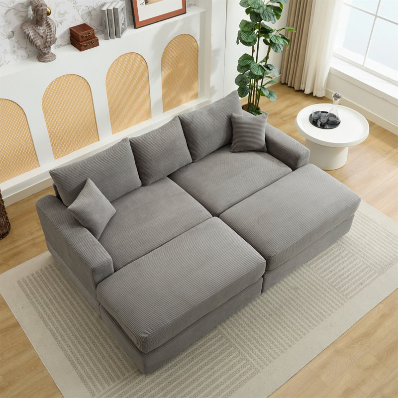 Modern Sectional Couch, Light Gray Corduroy