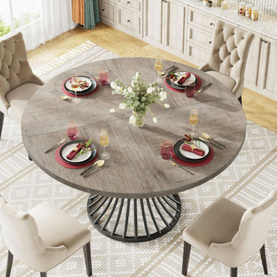 47" Farmhouse Round Dining Table for 4-6 – Industrial Dinner Table with Hourglass Metal Pedestal Base, Large Kitchen & Dining Room Table Rustic Style  (Table Only)